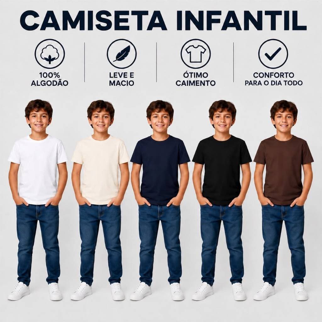 Camiseta Camisa Infantil Básica Lisa de Algodão Manga Curta Confortável - Tamanhos 2 ao 14 Unissex
