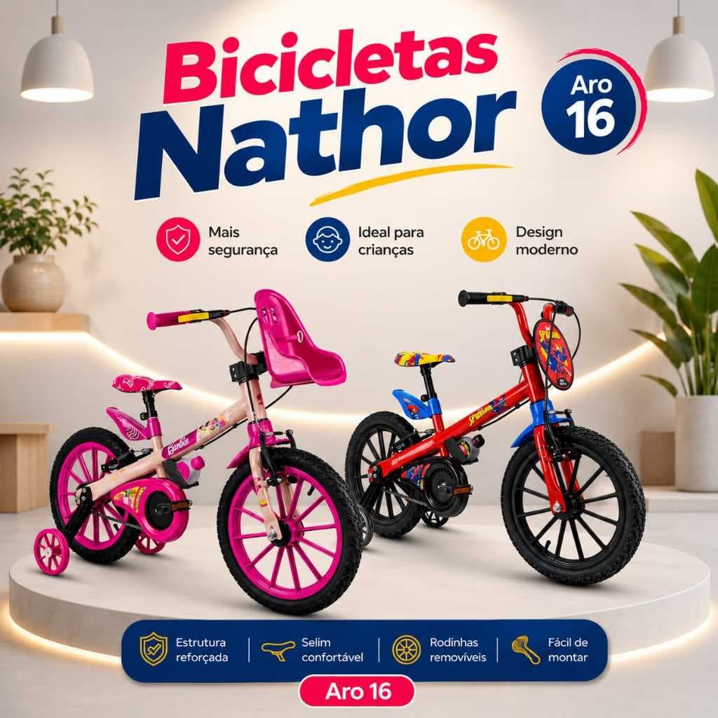 Bicicleta Infantil Nathor Aro 16 com Rodinhas Removíveis Freios V-Brake Quadro em Aço Carbono Guidão Regulável Até 30Kg