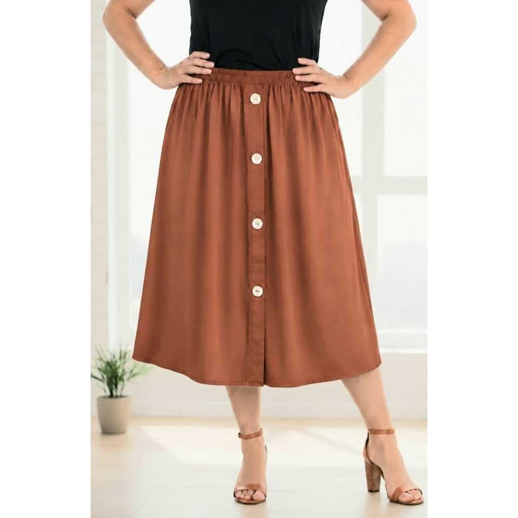 Saia Feminina Senhora Modelo Midi Godê Com Elástico e Botôes Moda Evangélica MALHA FRIA LIGANETE Estampadas e Lisas
