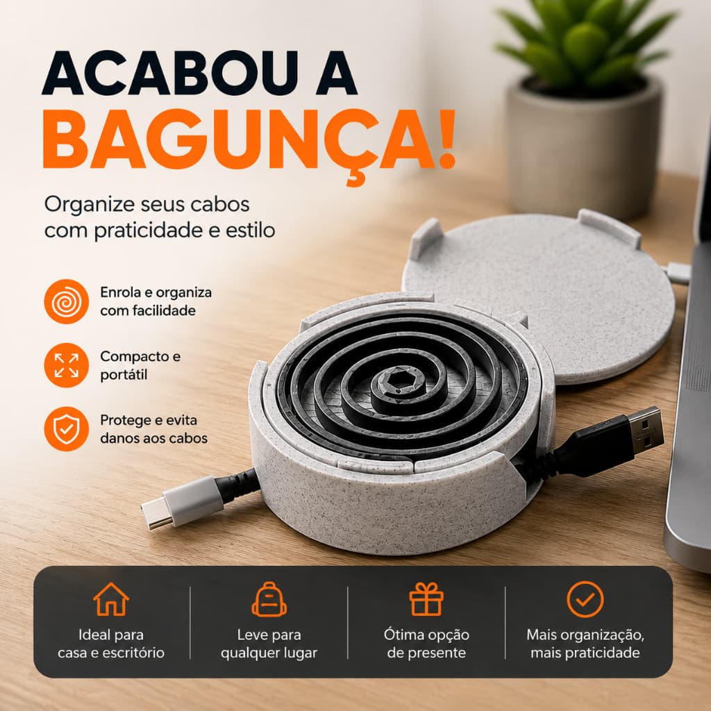 Enrolador e Organizador Retrátil Compacto para Cabos em Geral Leve e Prático VARIAS CORES