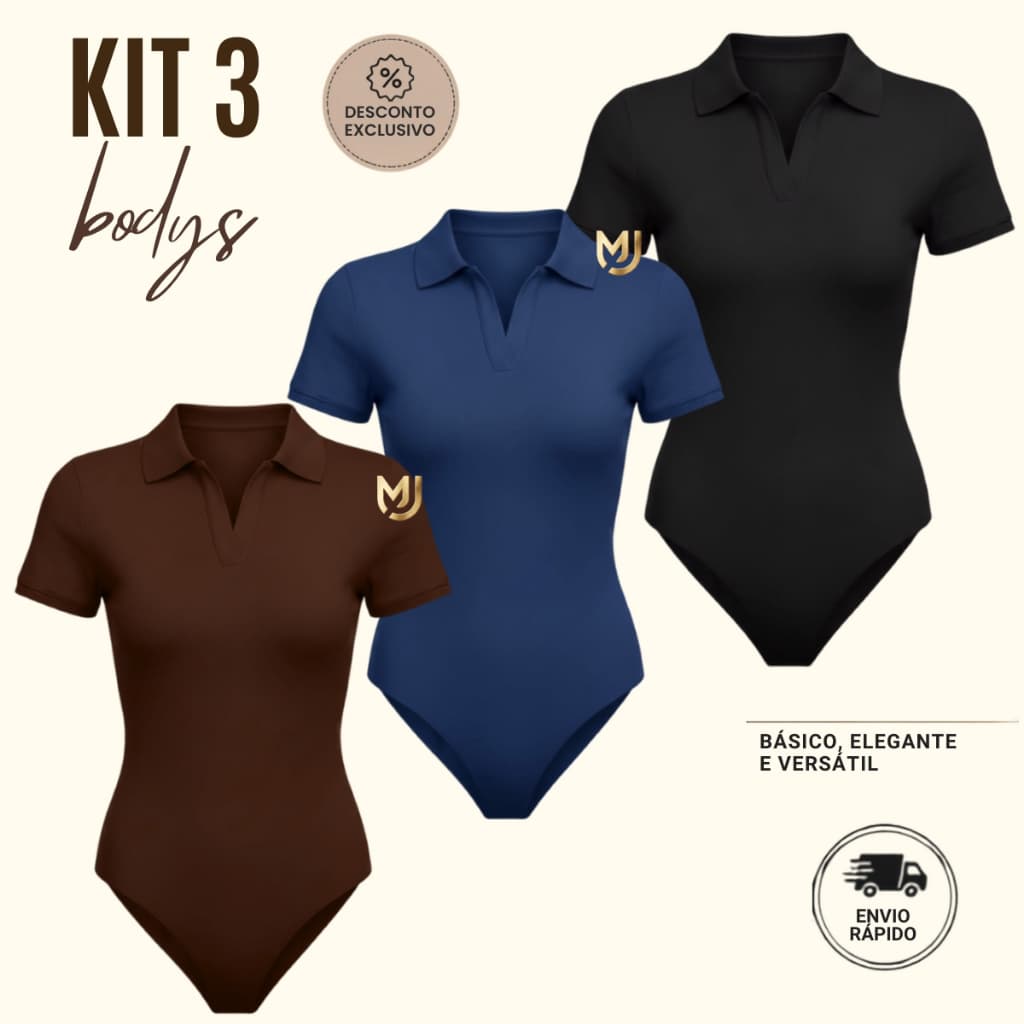 Kit 3 Body Feminino Polo Suplex Manga Curta Básico Premium Ajustado Confortável Atemporal Moderno