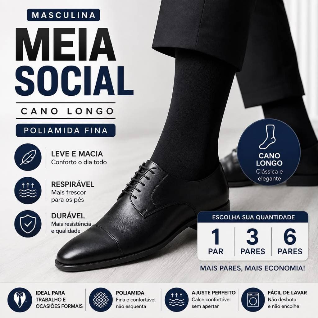 Meia Social Cano Longo Masculina Poliamida Fina 1,3,6 Pares | Confortável