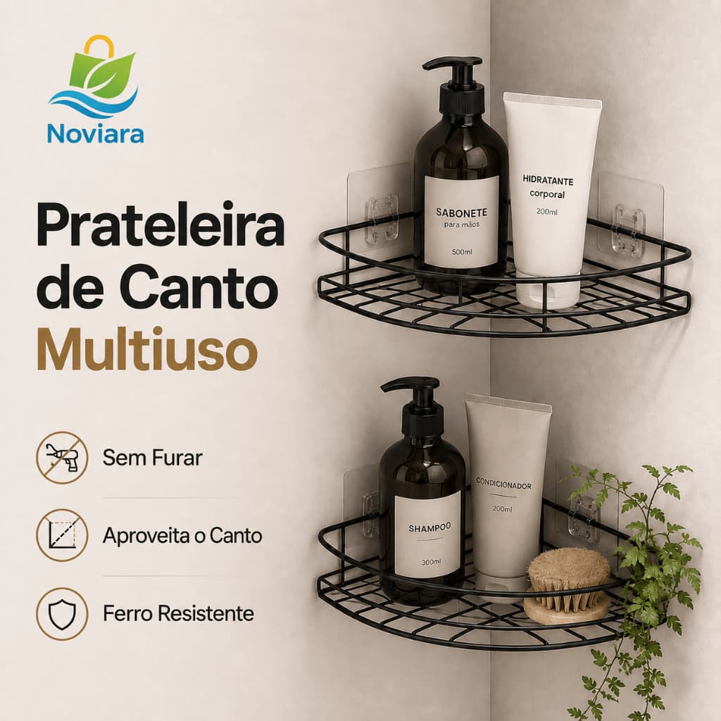 Kit 2 Prateleiras de Canto Porta Shampoo Organizador Multiuso de Metal Adesivo Sem Furar para Banheiro e Cozinha