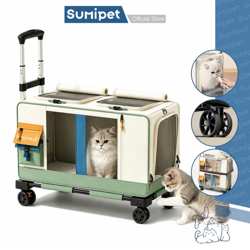 Carrinho Bolsa de Transporte Pet para 2 Gatos, Dobrável, com Rodas 360°, Tela Respirável e Alça Retrátil