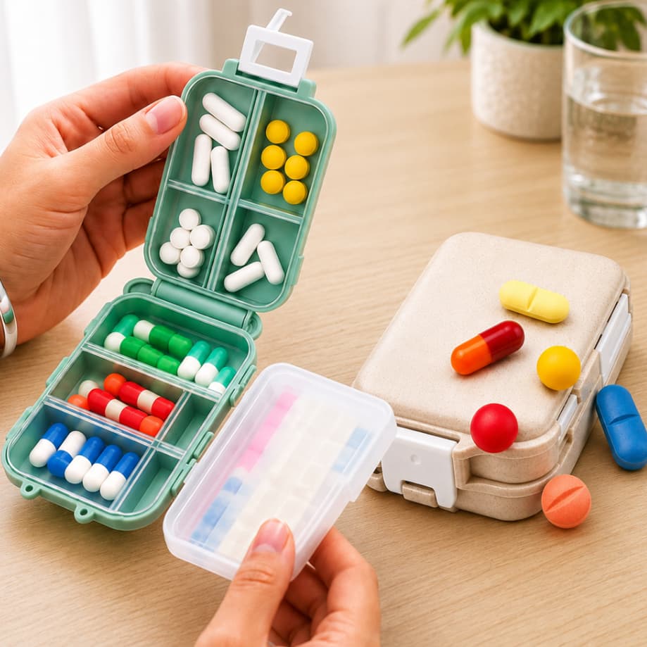 Porta Comprimidos Organizador Semanal 6 Divisórias Compacto Trava Segurança Viagem Bolsa Medicamentos Branco Resistente.
