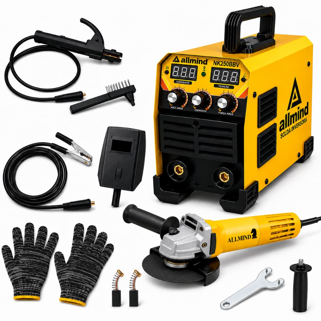 Kit Completo Solda Inversora Mini 250A Bivolt + Esmerilhadeira Angular Portátil Alta Potência
