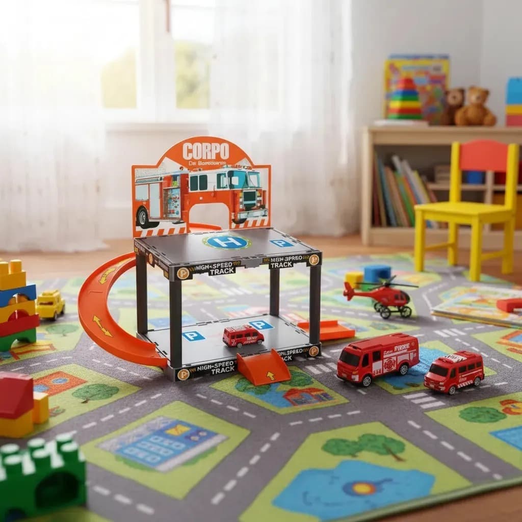 Pista Estacionamento Bombeiros Infantil Garagem Helicóptero 3 Carrinhos 13 Peças Brinquedo Educativo
