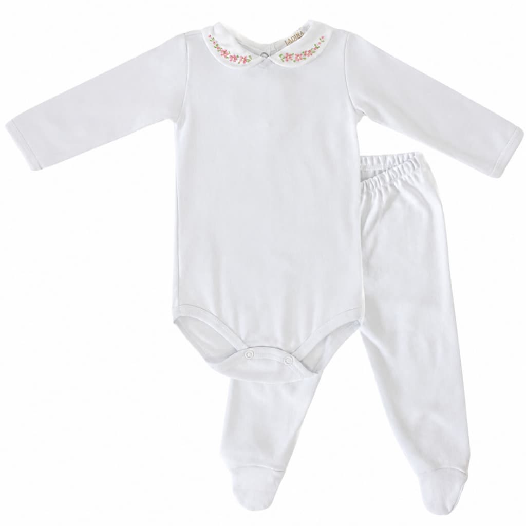 Conjunto Body Bebê Menina Manga Longa Gola Bordada Flor Calça Mijão Infantil Confortável Delicada