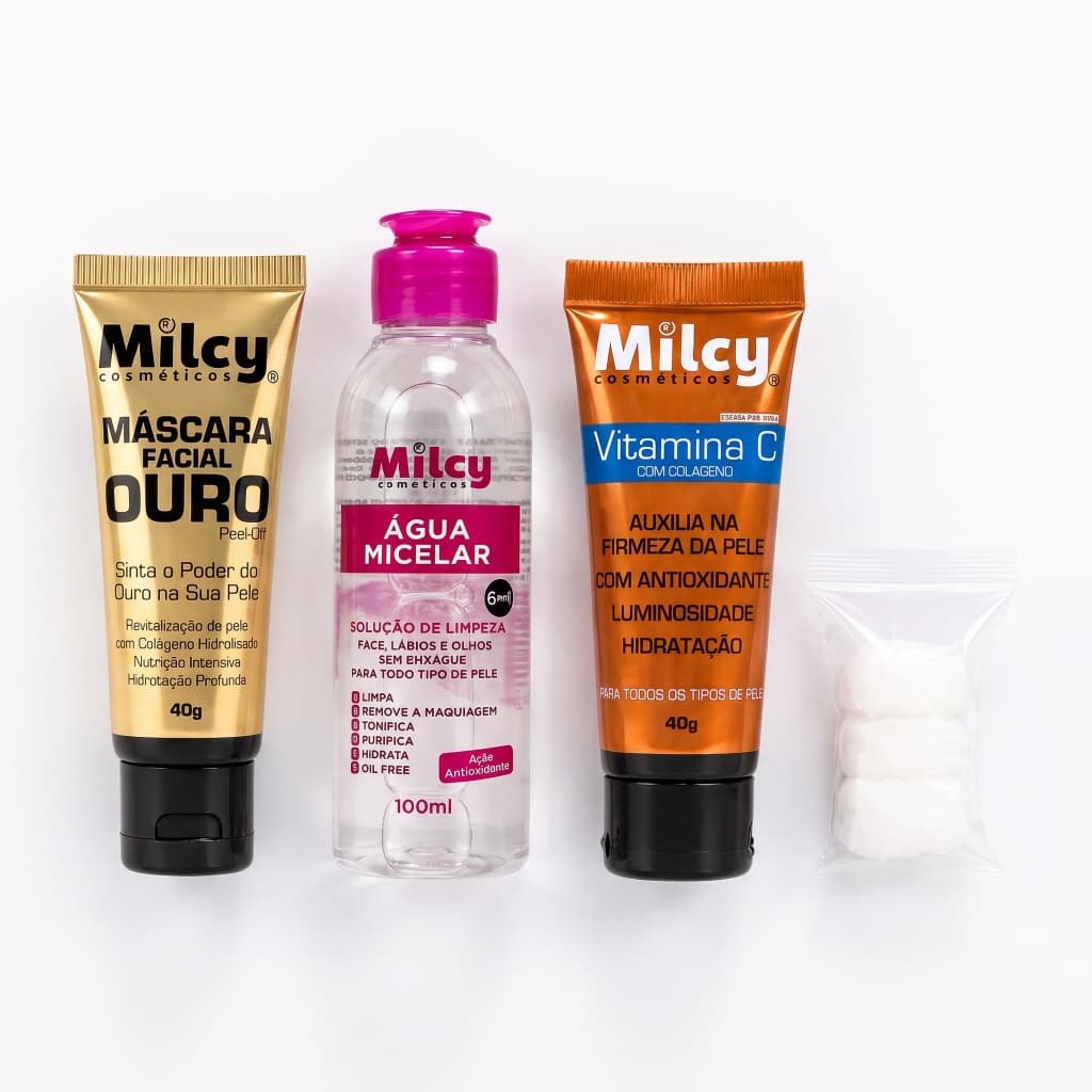 Kit Skincare Limpeza Facial Completa com Máscara de Ouro Peel - Off Água Micelar e Vitamina C Milcy