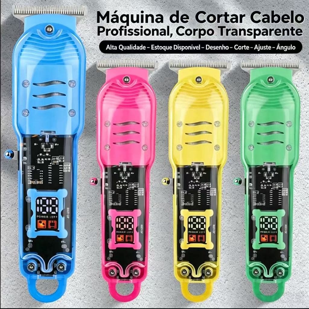 Máquina de Cortar Cabelo Profissional Sem Fio LCD transparente– Barbeador Elétrico Transparente para Homens  MM