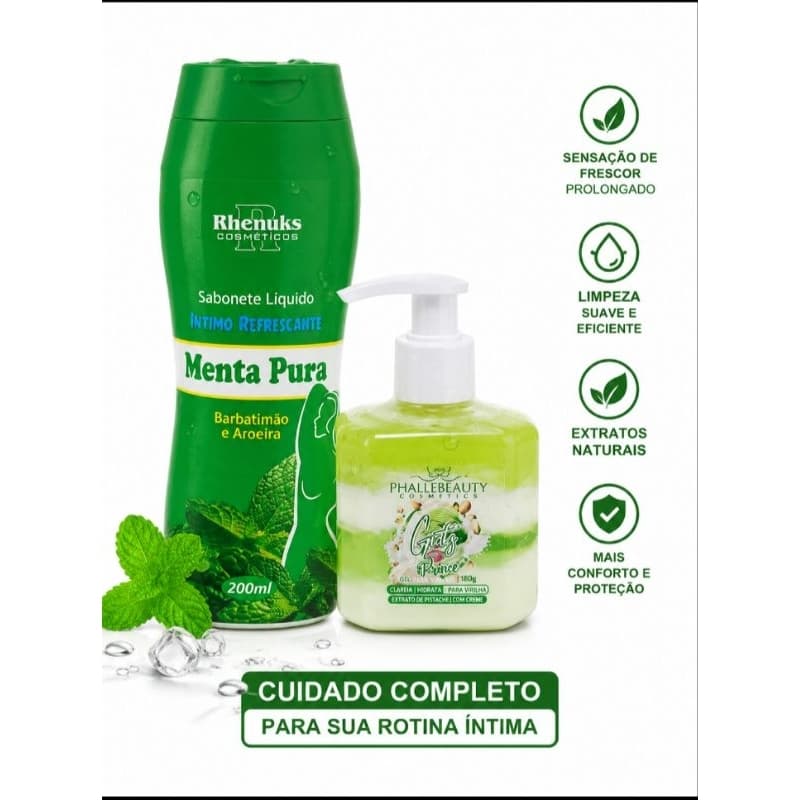 Sabonete Íntimo kit 2 produtos Menta Pura 200ml + Gel Clareador para Virilha Refrescante Higiene Íntima