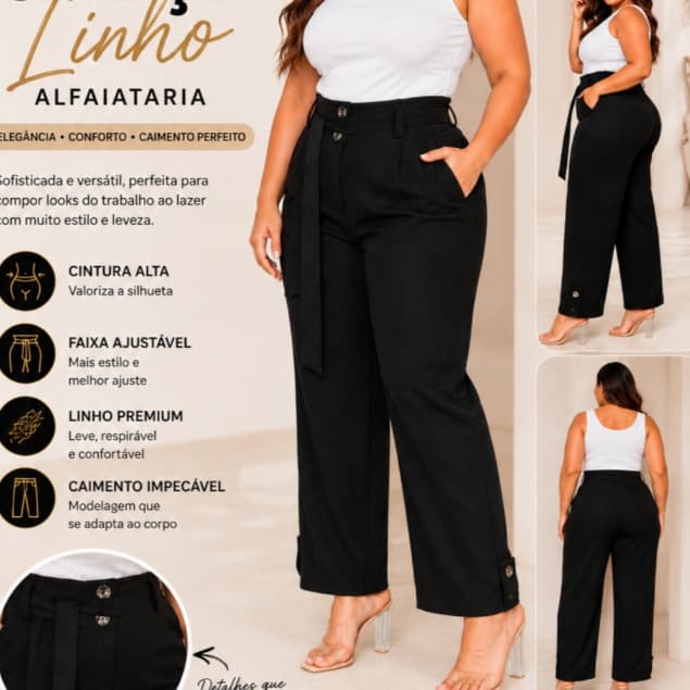 Calça Plus Size Feminina de Linho Cintura Alta Alfaiataria Preta com Faixa Modelagem Elegante