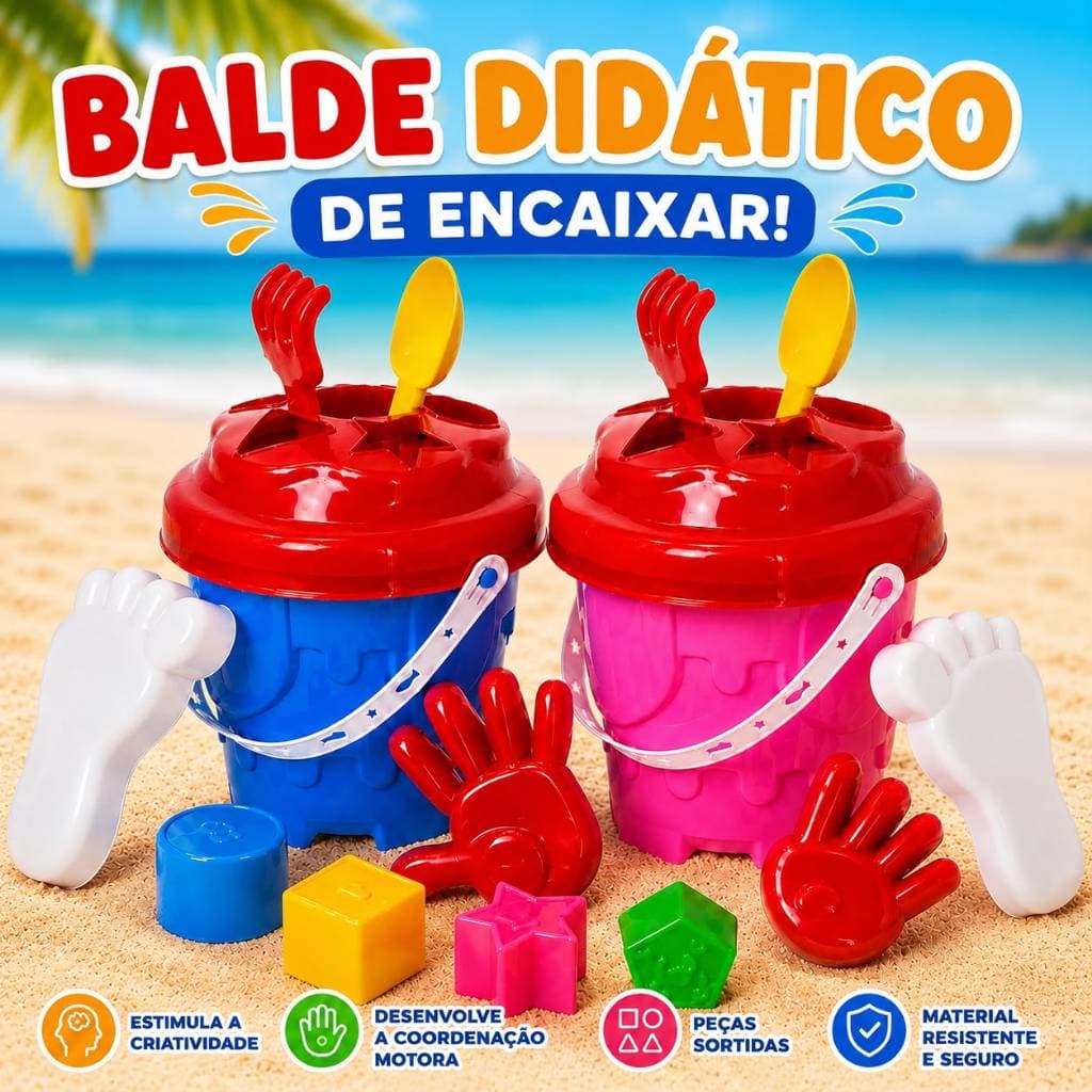 Brinquedo Baldinho de Praia Areia Infantil com Peças de Encaixar Educativo