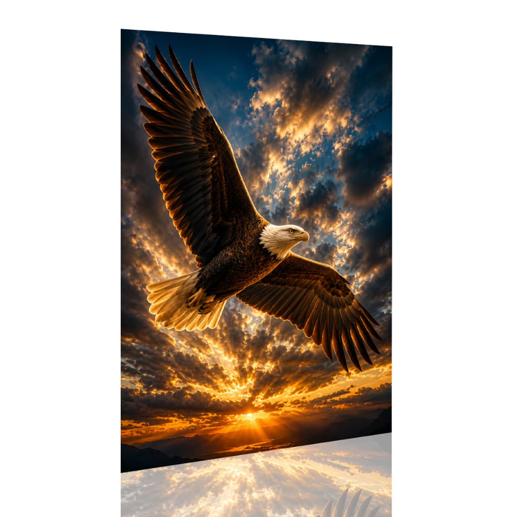 Quadro Decoração Parede Águia Americana Voando Pôr do Sol Natureza Realista Vertical