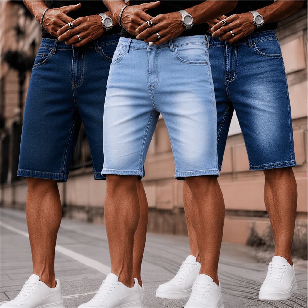 Kit 2 ou 3 Bermudas Jeans Lisa Slim Masculina Casual Premium com Lycra Moda Verão Confortável Alta Qualidade