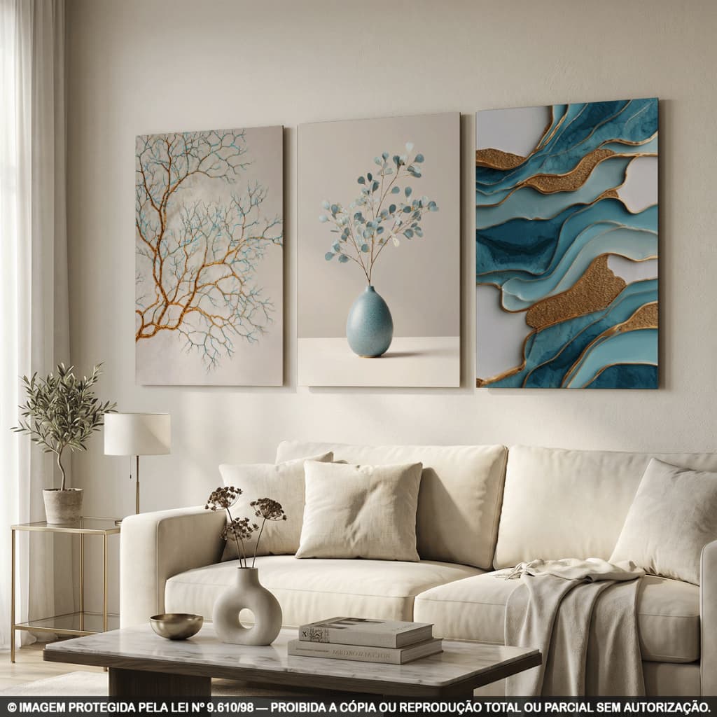 Kit 3 Quadros Decorativos Abstratos Azul e Dourado com Vaso e Árvore para Sala