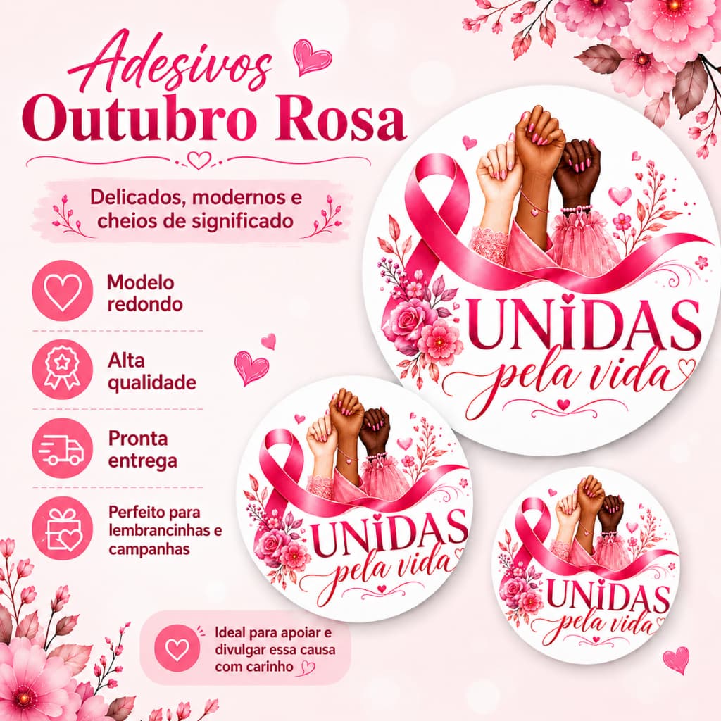 KIT 100 Adesivos Outubro Rosa Prevenção do Câncer de Mama, Lembrancinha, Pronta entrega