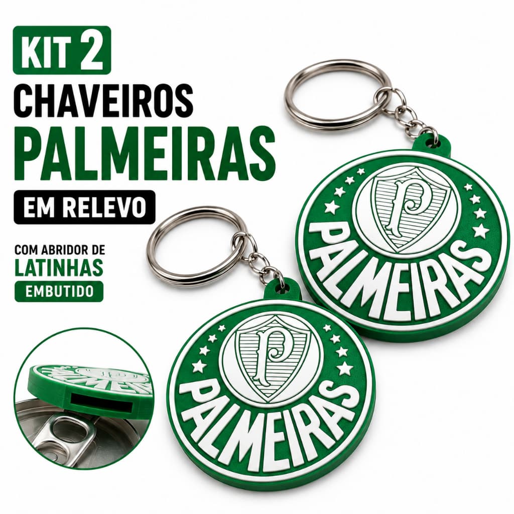 Chaveiro Palmeiras! Kit com 2, 5 ou 10 Unidades! Em Relevo com Abridor de Latinhas Embutido!