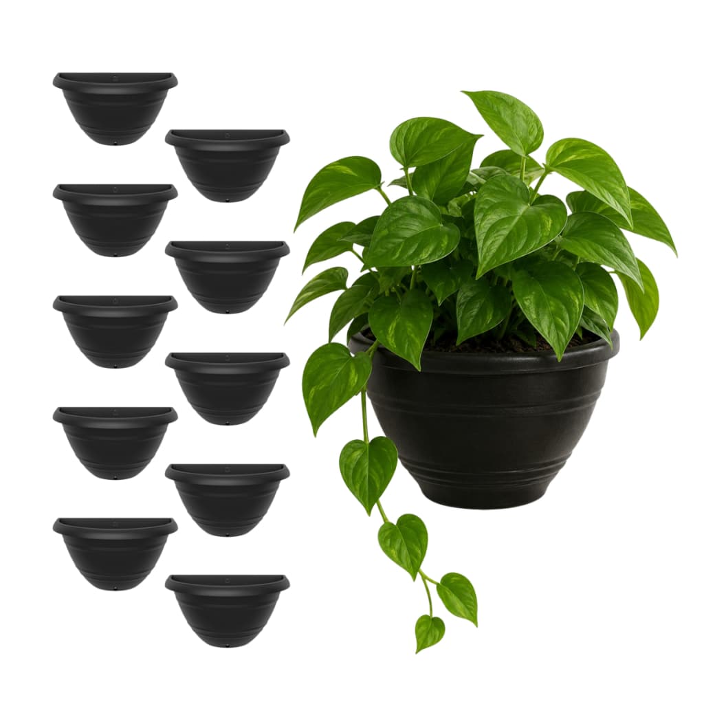 Kit 10 Vasos de Parede Meia Lua Preto 1 Litro Plástico Jardim Vertical Flores Plantas Decoração