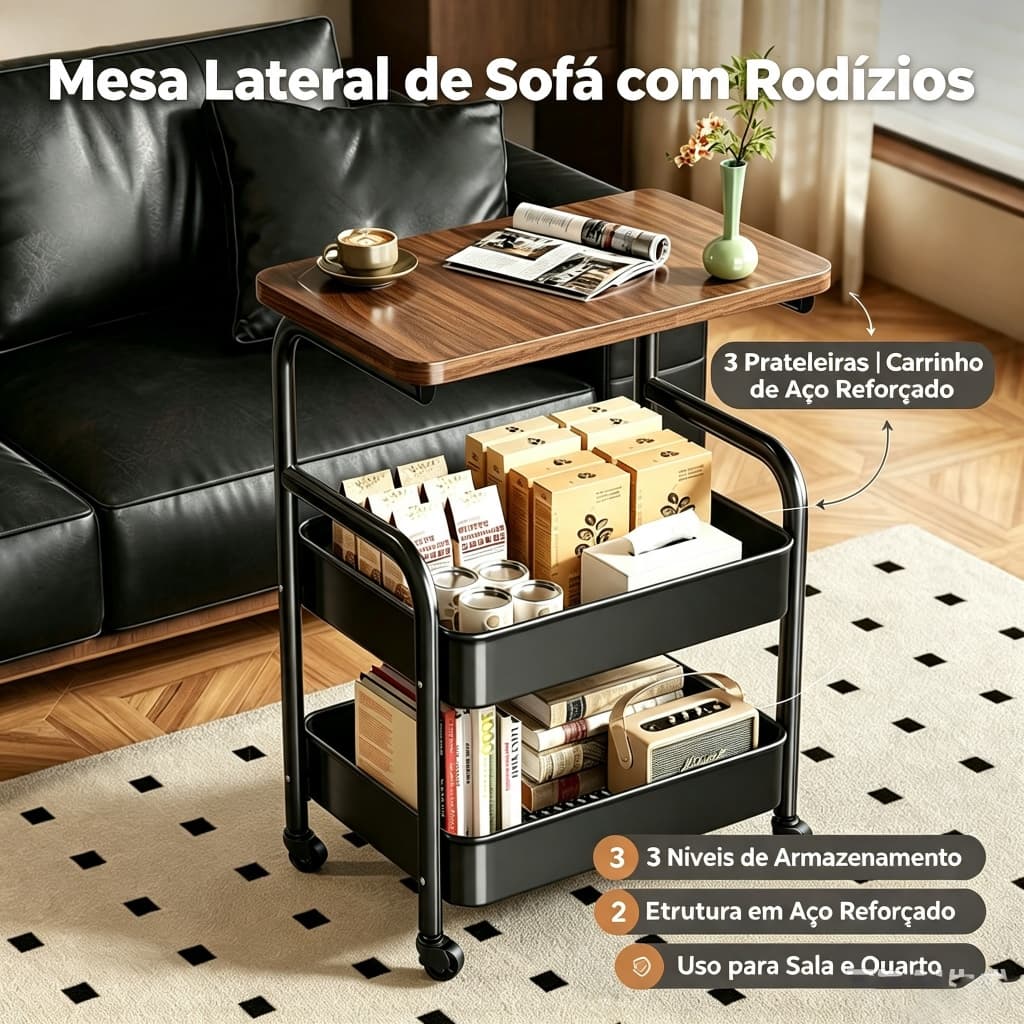 Carrinho Multiuso com Tampo de Mesa e Prateleiras, Armazenamento Versátil para Todos Ambientes da Casa