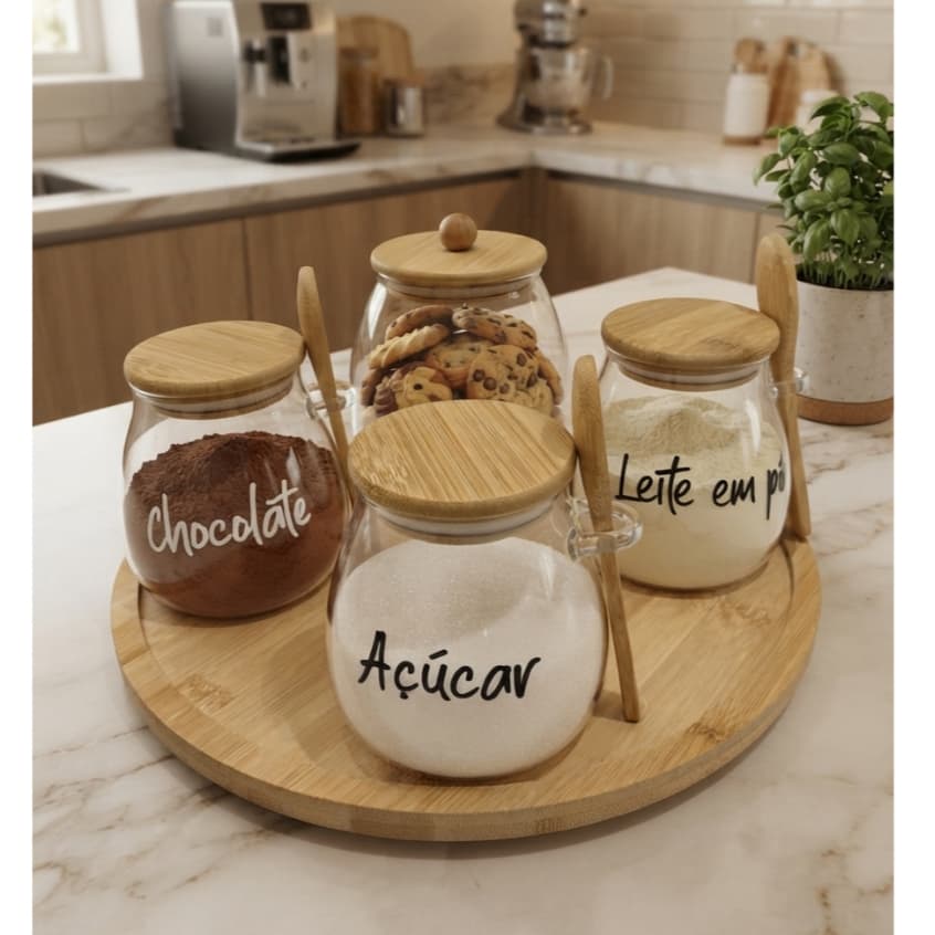 KIT 5 PEÇAS POTES PERSONALIZADOS E BANDEJA GIRATÓRIA DE BAMBU