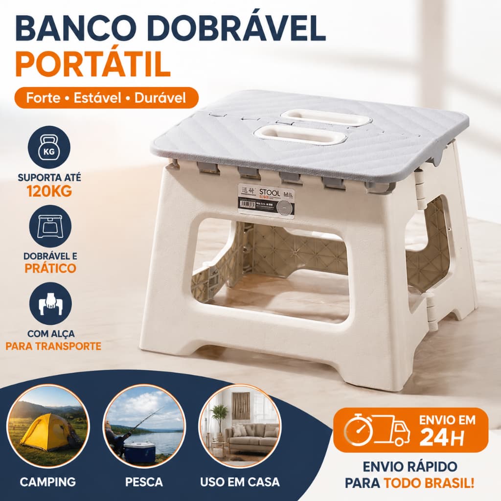 Banquinho Portátil Dobrável Banqueta Alça de Transporte PP Reforçado Portátil Casa Camping Pesca Banco
