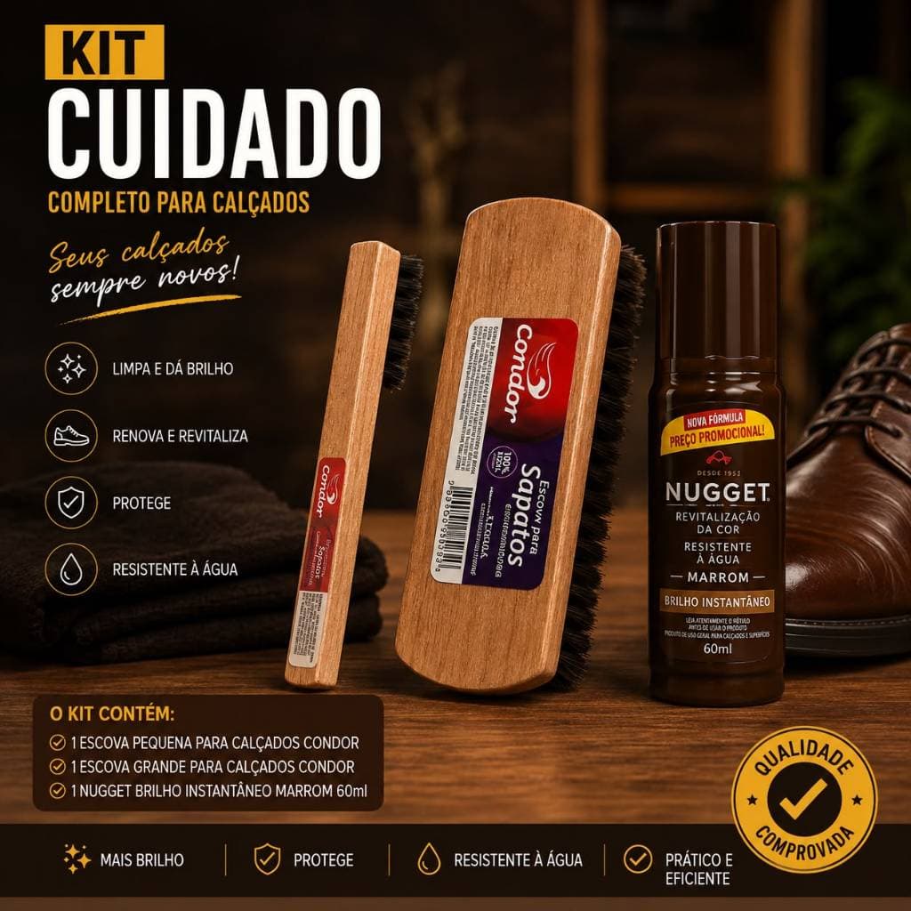 Kit Limpeza e Brilho para Sapatos1 Escova Aplicadora com Cabo +1 Escova naturais para Lustro + 1 Nugget Marrom Condor