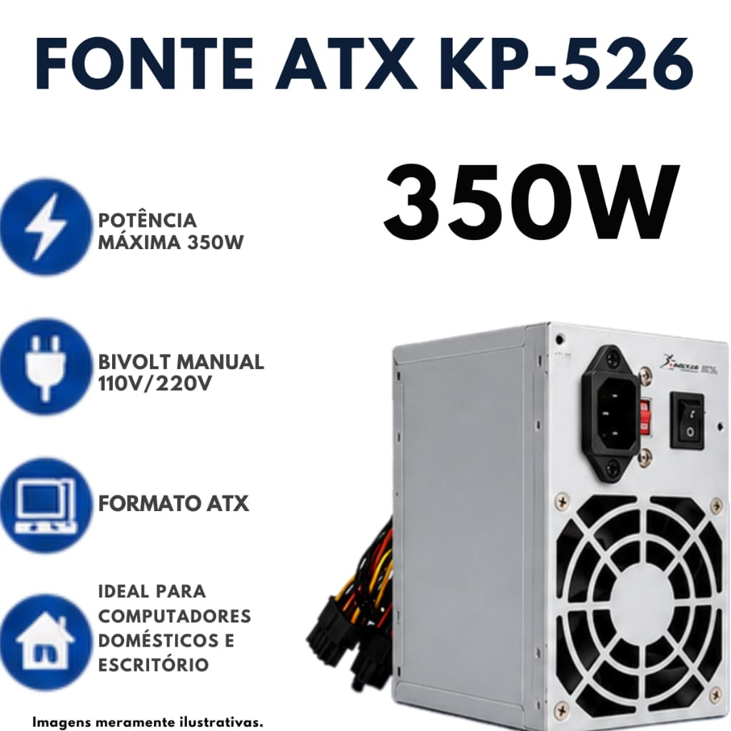 Fonte ATX 350W Bivolt Manual para Computador Desktop PC Escritório Com Cooler 120mm KP-526 Chave seletora