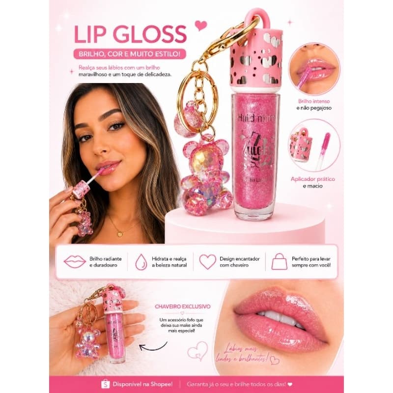 Lip Gloss Rosa Claro Chaveiro Fofo Ursinho