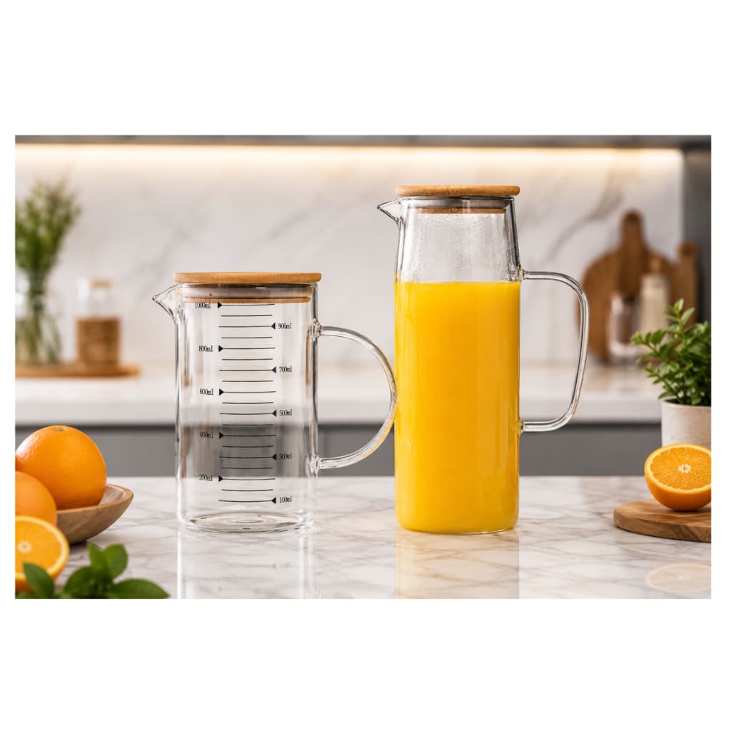 Kit jarra de vidro 1,2 litros e jarra medidora 1000ml graduada com tampa de bambu para cozinha receitas e suco