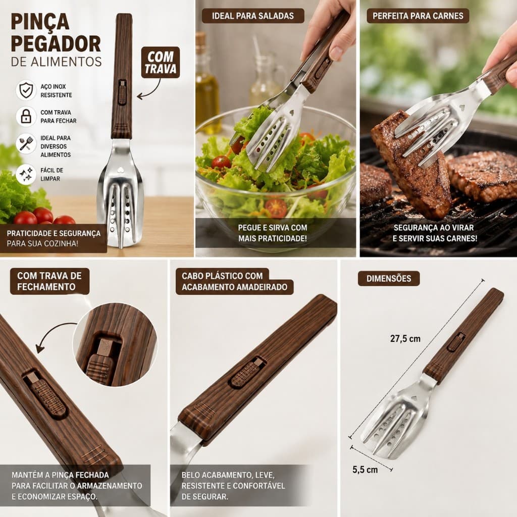 Pinça pegador de alimentos em Aço Inox Cabo de plástico amadeirado