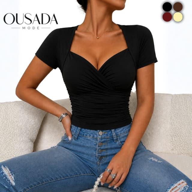 Blusinha Básica Elegante Feminina Drapeada Gola Quadrada Manga Curta Franzida dia dia Estilosa