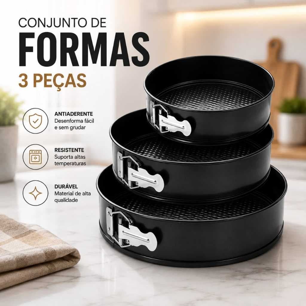 Kit 3 Formas com Fundo Removível Antiaderente Torta Bolos Sobremesas Gourmet Assadeira Confeitaria
