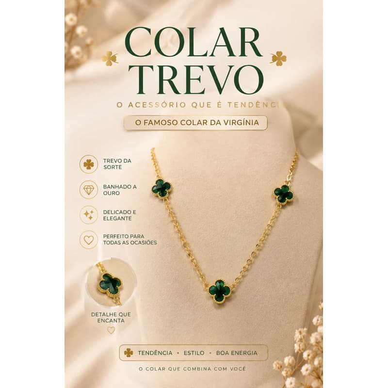 Colar da Virgínia Trevo da Sorte Folheado Verde Feminino Delicado Tendência