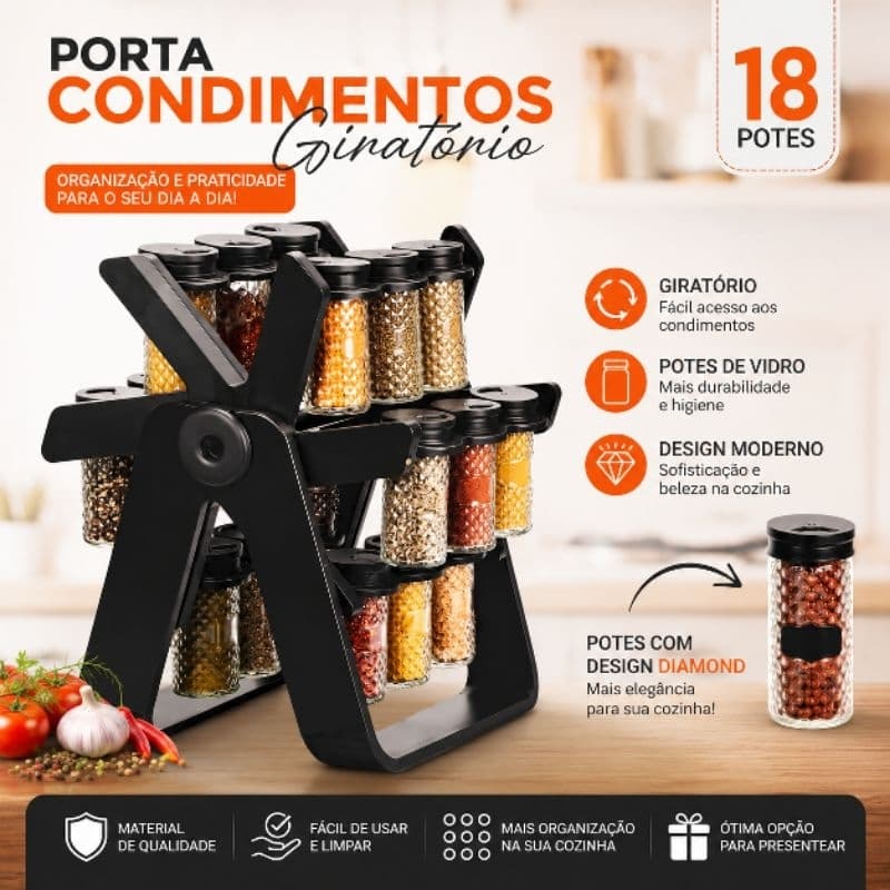 Porta Temperos Suporte Giratório 18 Potes Vidro Tampa Dosadora Cozinha