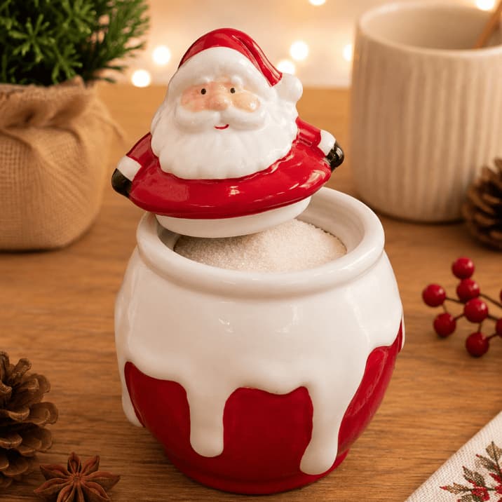 Porta Açúcar de Porcelana Natalino Papai Noel Decorativo com Tampa | Durável e Fácil de Limpar