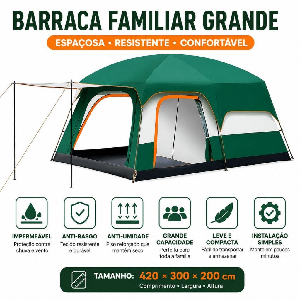 Barraca Familiar Espaçosa 2 Quartos com Sala 420x300cm Para Acampamento em Família