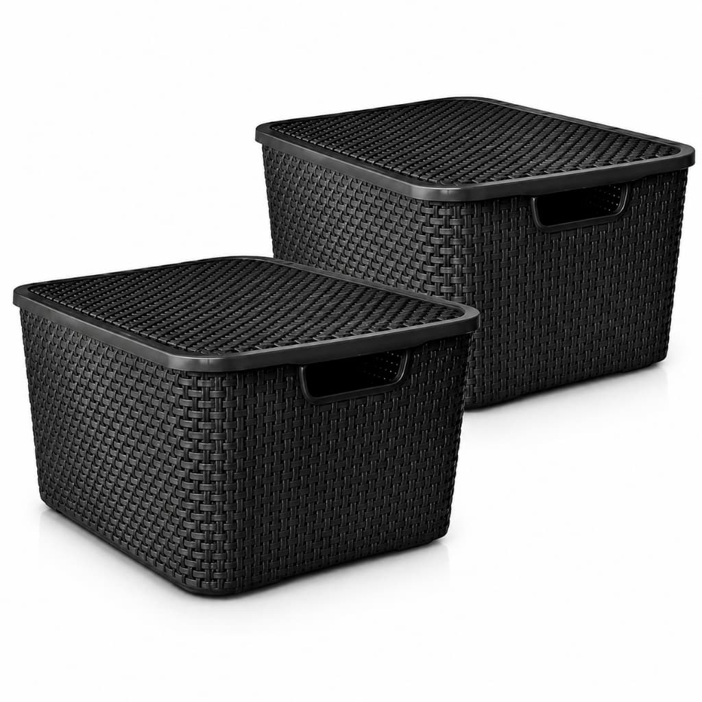 KIT COM 2 CAIXAS ORGANIZADORAS RATTAN PRETAS COM TAMPA – ORGANIZAÇÃO E PRATICIDADE PARA SUA CASA