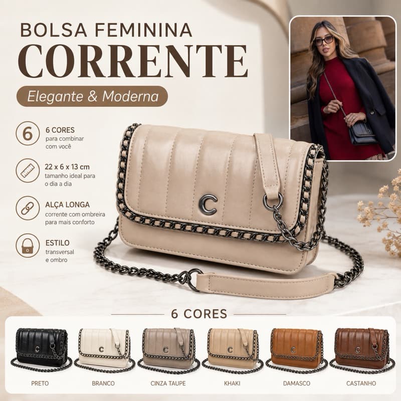 Bolsa Feminina Transversal F024 com Corrente, Alça de Ombro, Matelassê e Detalhes em Metal Elegante