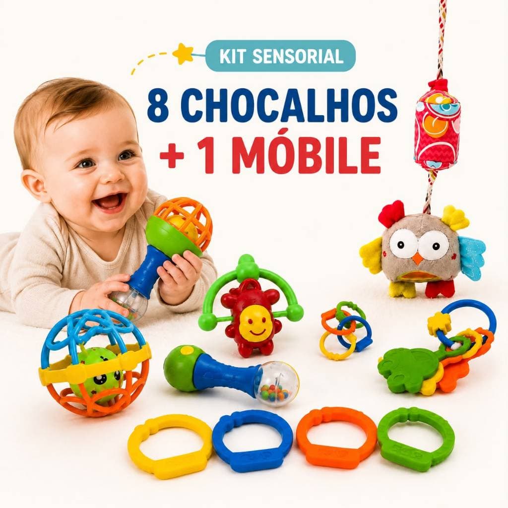 Kit Chocalhos Mordedor 8 Pcs Bebê Sensorial + Móbile de Pelúcia com Som | Brinquedo Educativo Infantil Seguro