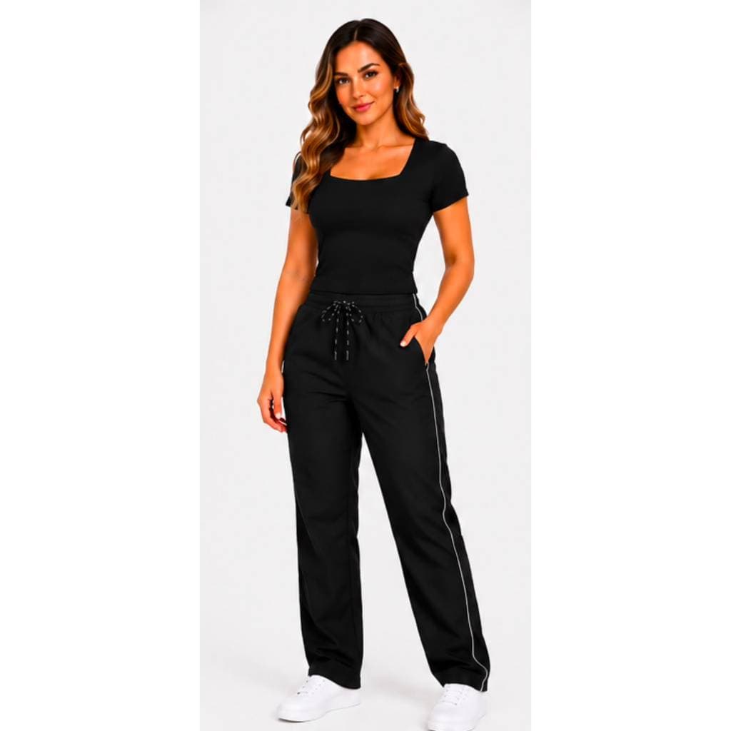 Conjunto Feminino Estiloso Calça Tactel + Blusa Gola Quadrada