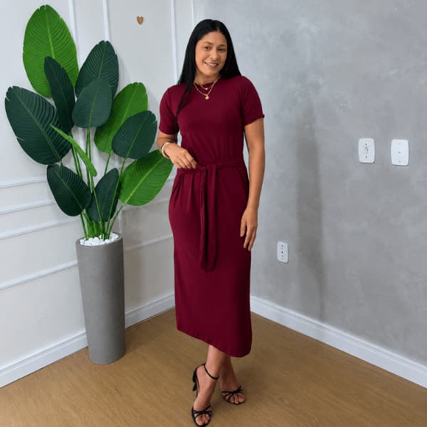 Vestido longo de amarrar na cintura feminino em malha gola casual elegante verão