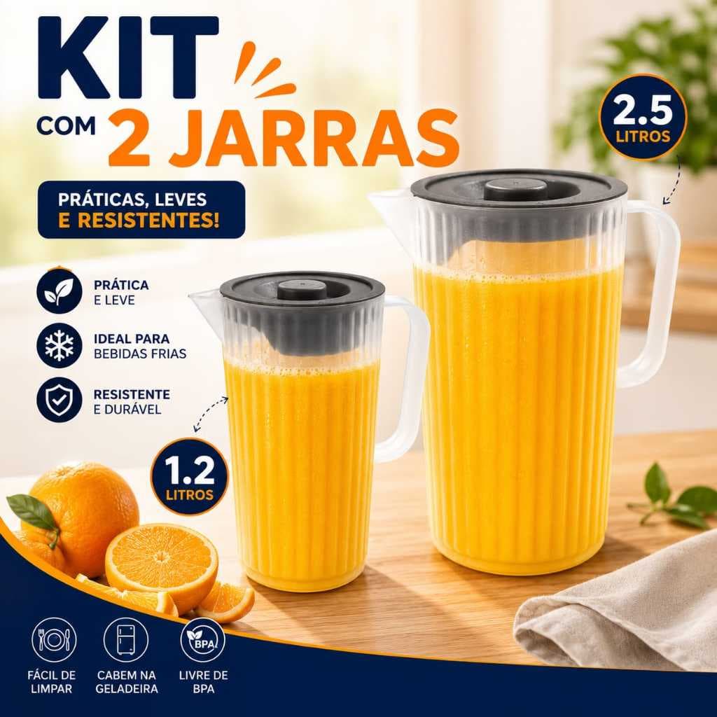 Kit Com 2 Jarras 1,2 Litros + 2,5 Litros Textura Canelada Termica Com Tampa Cinza Jarras Modernas  Suco Agua