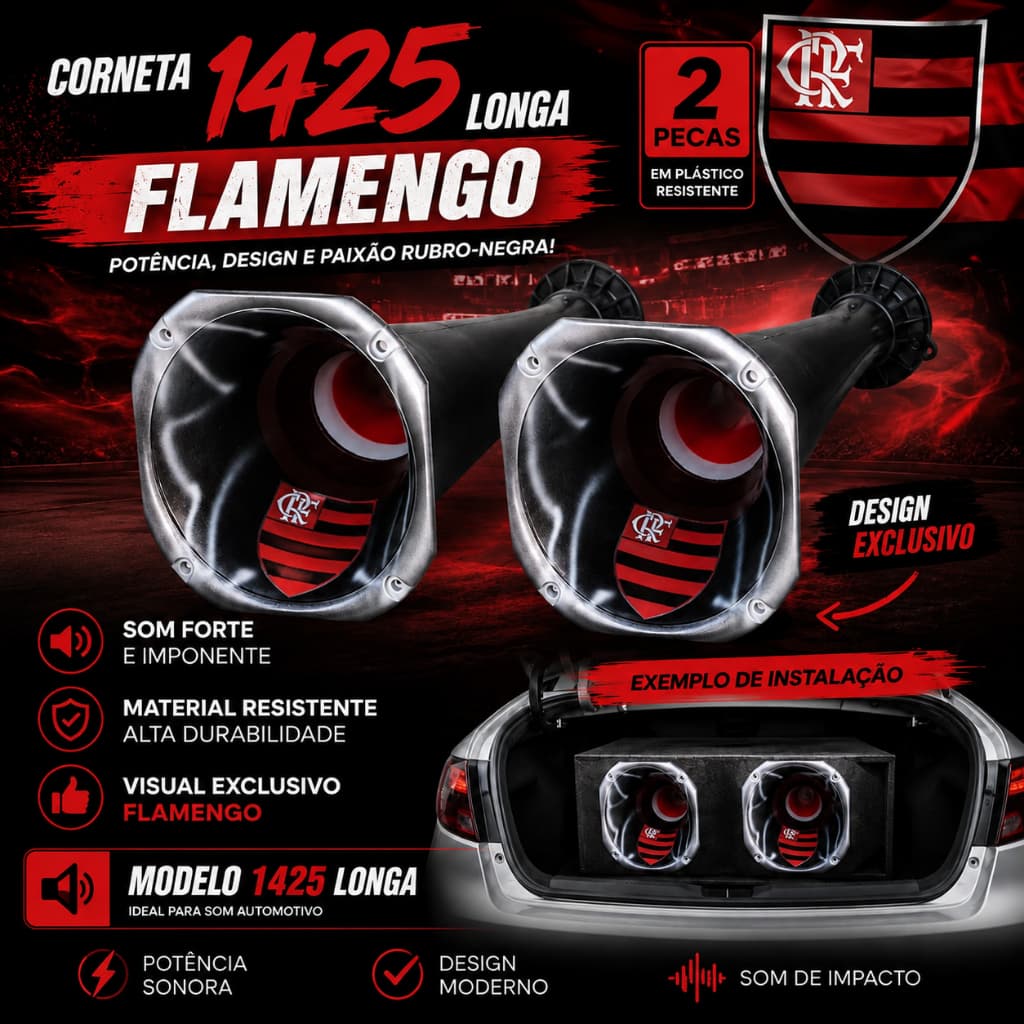Kit 2 Cornetas Longas 1425 Flamengo Rubro Negro Som Automotivo Caixa Trio