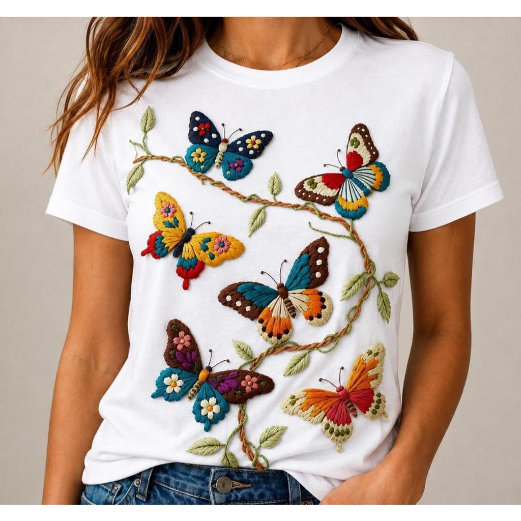Camiseta Feminina ESTAMPA DTF Borboletas Florais 100% Algodão Premium
