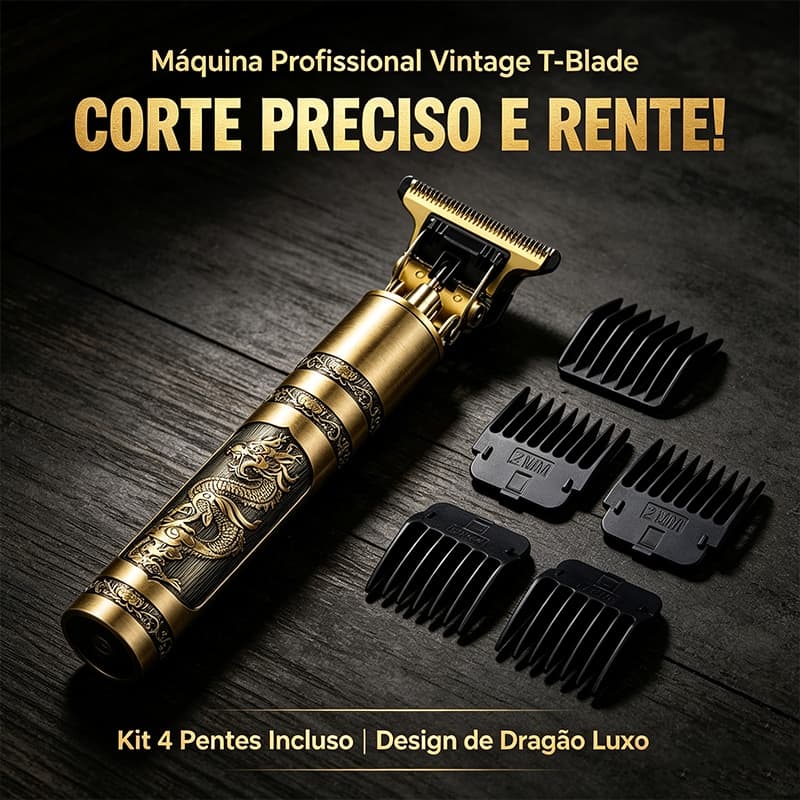 Máquina de Acabamento Profissional Dourada com Lâmina em T, 4 Pentes Guia e Design Dragão para Barba, Cabelo e Corte