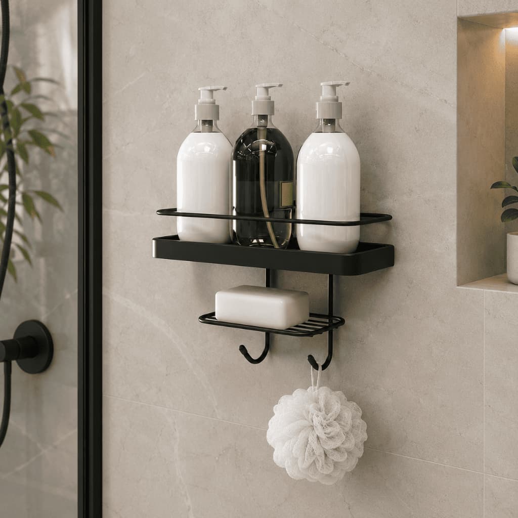 Porta Shampoo com Saboneteira Adesivo Sem Furo Preto Organizador para Banheiro e Box