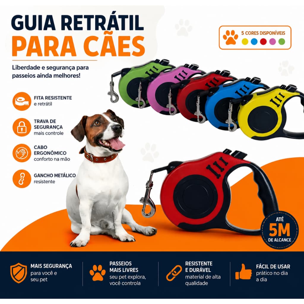 Guia Retrátil para Cães 5M com Trava de Segurança – Suporta até 11,33kg