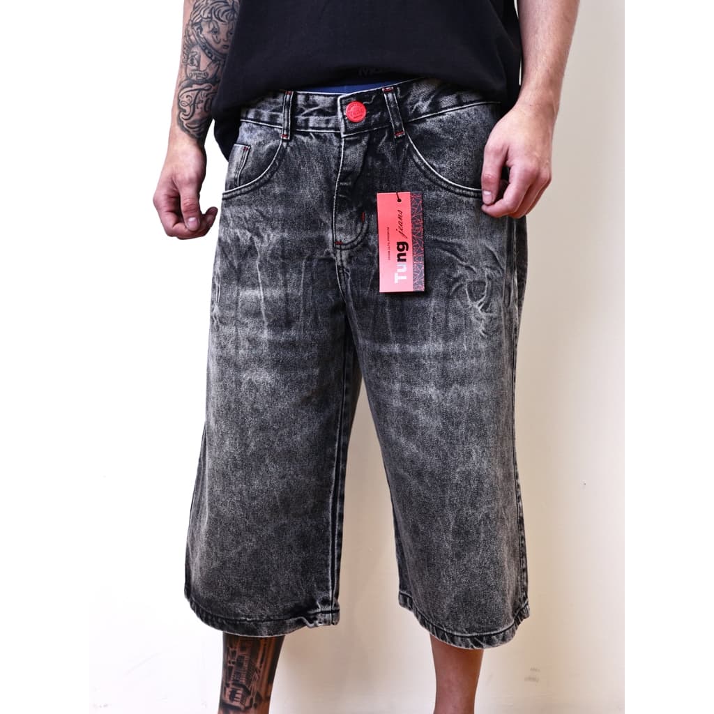 【Tung Jeans】Bermuda Jeans Masculina Balão Preta Lavagem Premium Estilo Versátil para o Dia a Dia