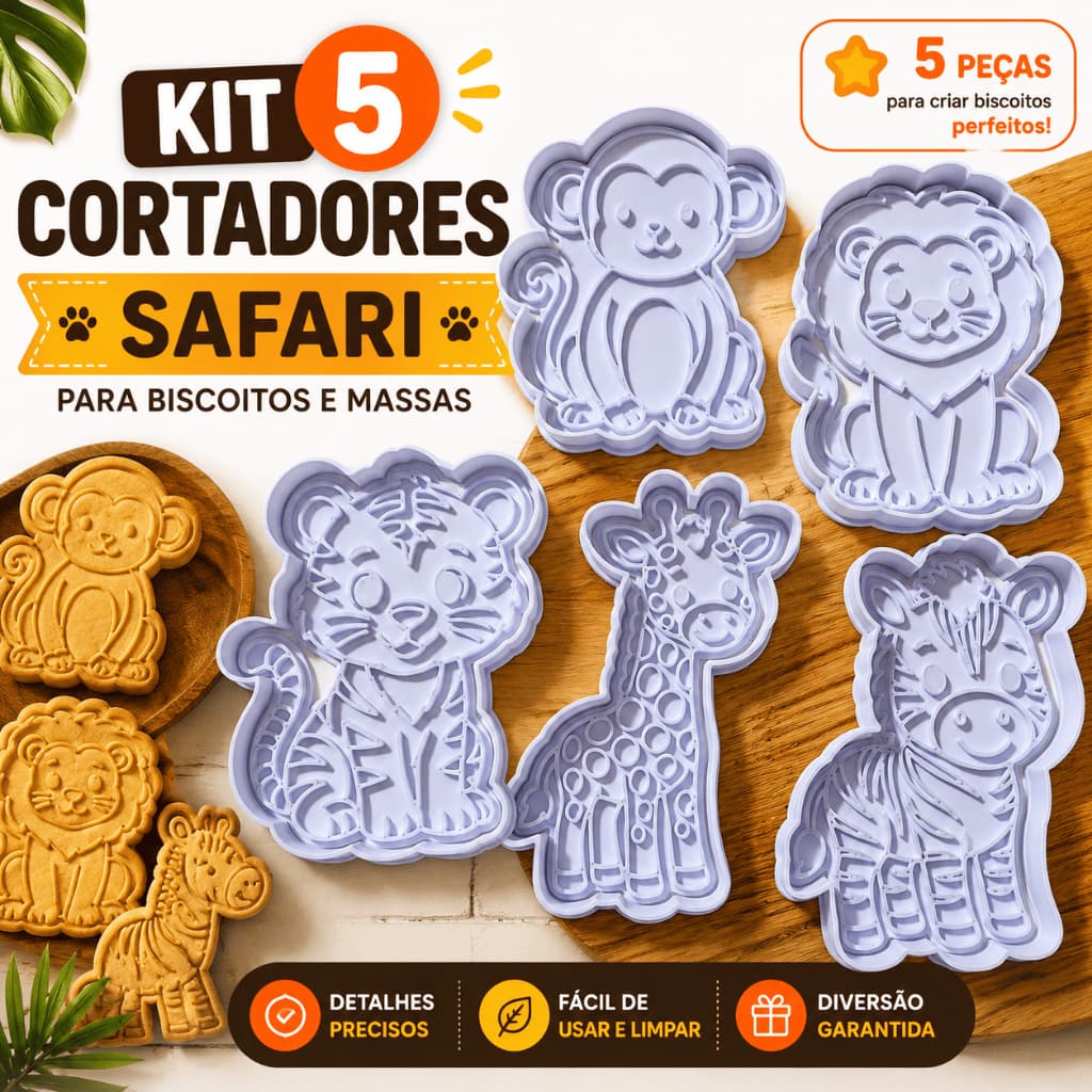 Kit 5 Cortadores de Biscoito Safari Animais da Selva 7,5cm Cookie Pasta Americana Biscuit Massinha Infantil
